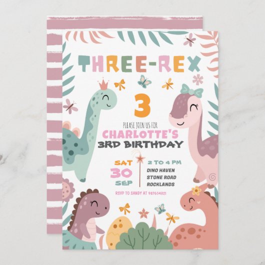 Pastel Girl Dinosaur 3rd Birthday Invitation 招待状 (正面/裏面)