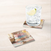 Pastel Glass Birthday Cake with Cherries   スクエアペーパーコースター (インサイチュ)