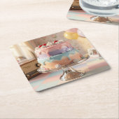 Pastel Glass Birthday Cake with Cherries   スクエアペーパーコースター (アングル)