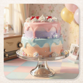 Pastel Glass Birthday Cake with Cherries   スクエアペーパーコースター