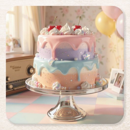 Pastel Glass Birthday Cake with Cherries   スクエアペーパーコースター (正面)