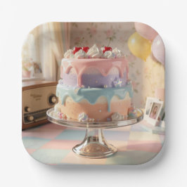 Pastel Glass Birthday Cake with Cherries   ペーパープレート