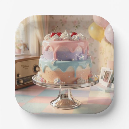 Pastel Glass Birthday Cake with Cherries   ペーパープレート (正面)