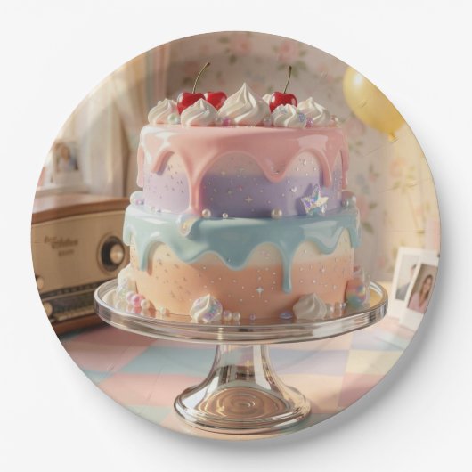 Pastel Glass Birthday Cake with Cherries   ペーパープレート (正面)