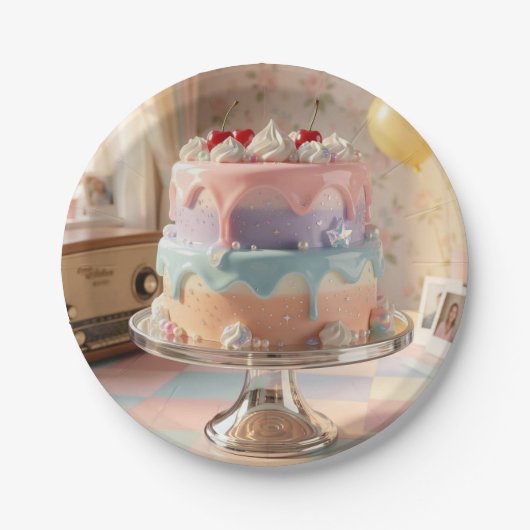 Pastel Glass Birthday Cake with Cherries   ペーパープレート (正面)