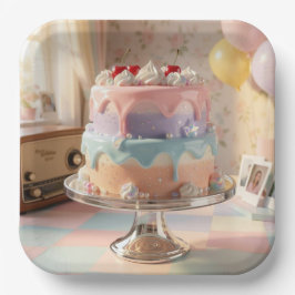 Pastel Glass Birthday Cake with Cherries   ペーパープレート