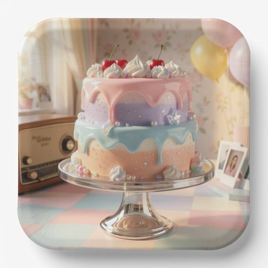 Pastel Glass Birthday Cake with Cherries   ペーパープレート (正面)