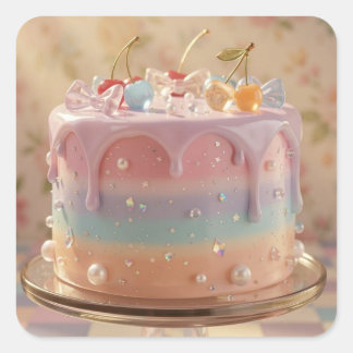 Pastel Glass Food Aesthetic Rainbow Birthday Cake スクエアシール