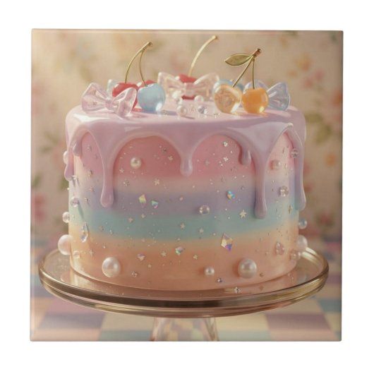 Pastel Glass Food Aesthetic Rainbow Cake タイル (正面)