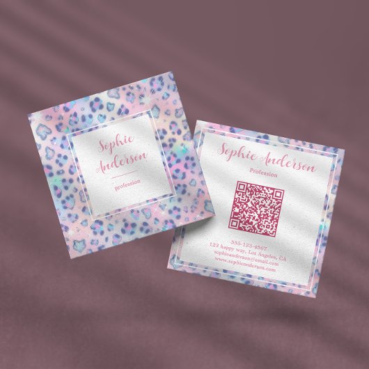 Pastel Glitter Leopard Print with Qr Code スクエア名刺