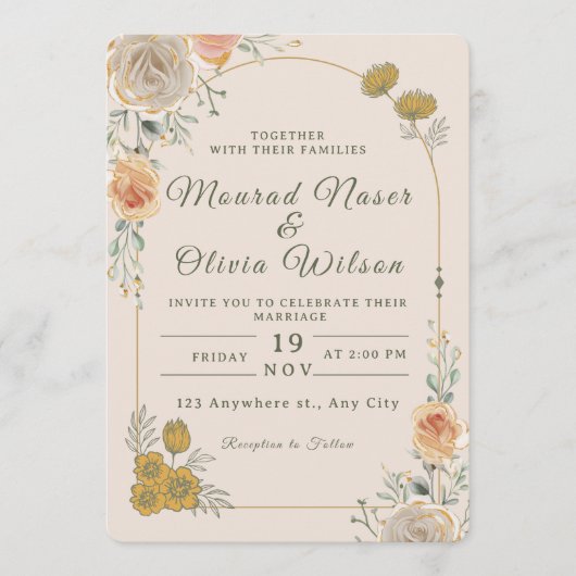 Pastel & Gold Floral Wedding Invitation 招待状 (正面)