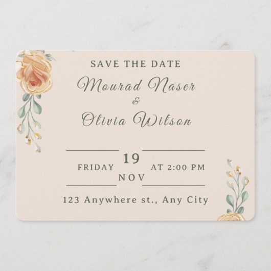 Pastel Gold Floral Wedding Save the Date Card 招待状 (正面)