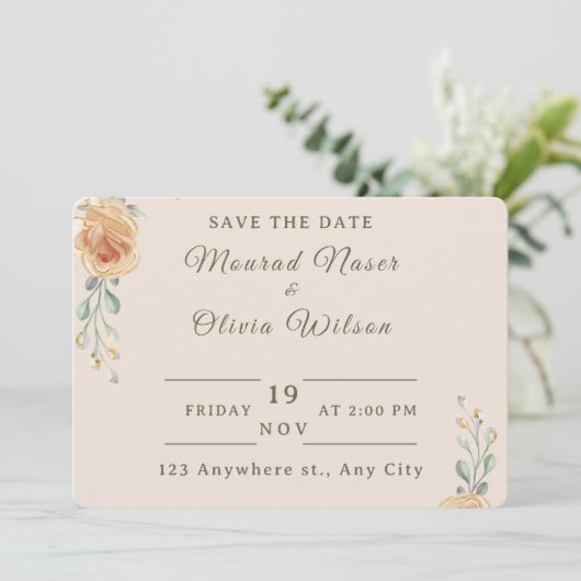 Pastel Gold Floral Wedding Save the Date Card 招待状 (スタンド正面)