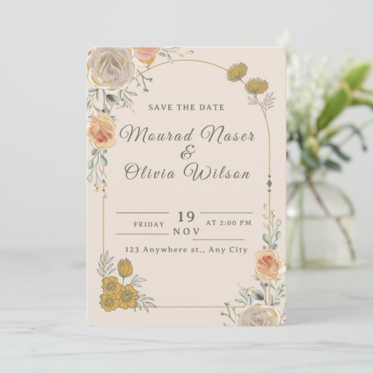 Pastel Gold Floral Wedding Save the Date Card 招待状 (スタンド正面)
