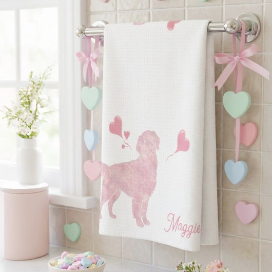 Pastel Golden Retriever Valentine Custom Name キッチンタオル