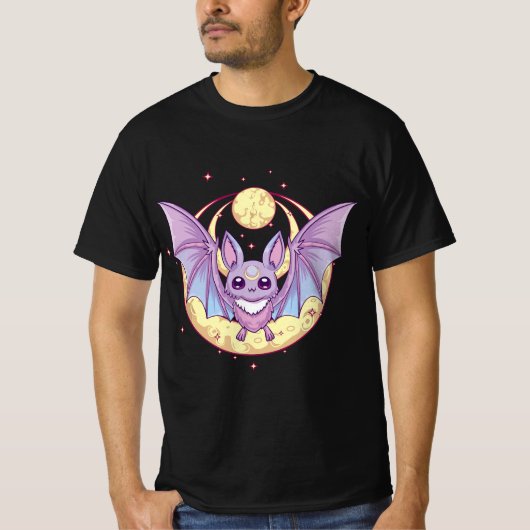 Pastel Goth Cute Creepy Crescent Moon Bat Kawaii E Tシャツ (正面)