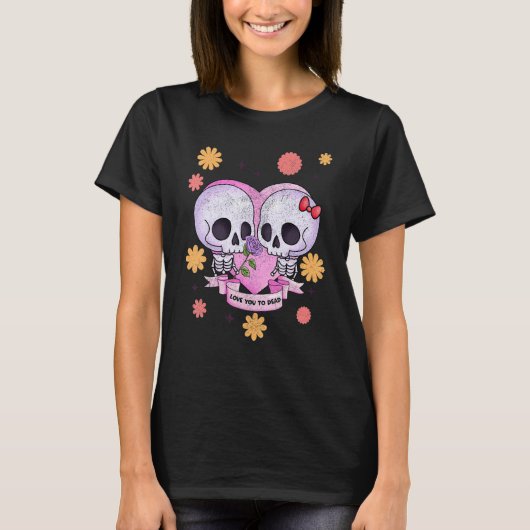 Pastel Goth Cute Creepy Skull Skeleton Love you to Tシャツ (正面)