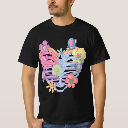 Pastel Goth Heart Ribcage with Butterflies & Flowe Tシャツ (正面)