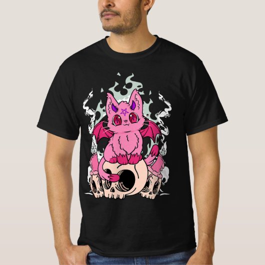 Pastel Goth Pink Demon Cat Skulls Kawaii Anime Got Tシャツ (正面)