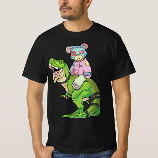 Pastel Goth Teddy Bear Riding Dinosaur T Rex Japan Tシャツ (正面)