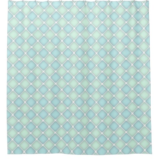 Pastel Green and Blue Checked Tile シャワーカーテン (正面)