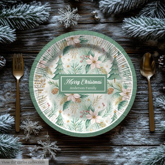 Pastel Green and Gold Plates Christmas Floral Wrap ペーパープレート