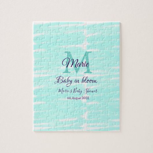 Pastel green baby in bloom monogram baby shower te ジグソーパズル (縦)