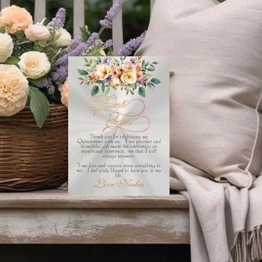 Pastel Green - Floral & Silver Tiara Quinceanera サンキューカード