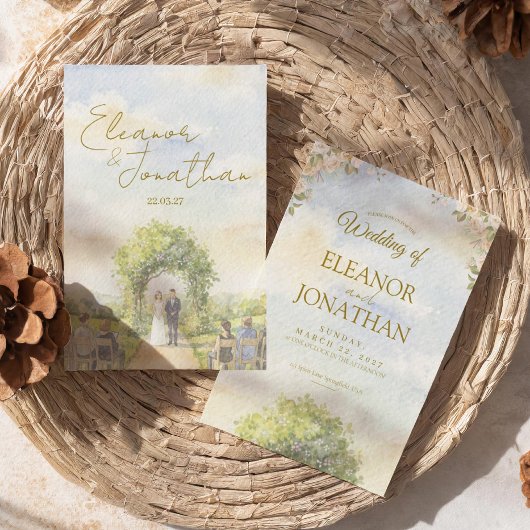 Pastel Green Floral Watercolor Outdoor Wedding 招待状