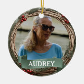 Pastel Green Grapevine Wreath ANY Photo セラミックオーナメント (正面)