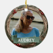 Pastel Green Grapevine Wreath ANY Photo セラミックオーナメント (裏面)