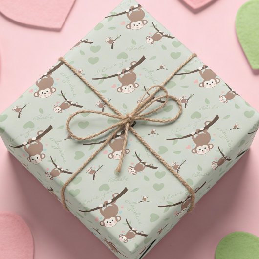 Pastel Green Monkey Valentine Wrapping Paper  ラッピングペーパー