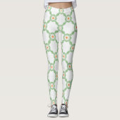 Pastel Green & Orange Floral Leaf Pattern Leggings レギンス (正面)