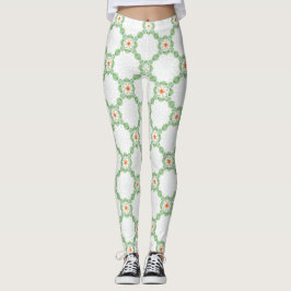 Pastel Green & Orange Floral Leaf Pattern Leggings レギンス