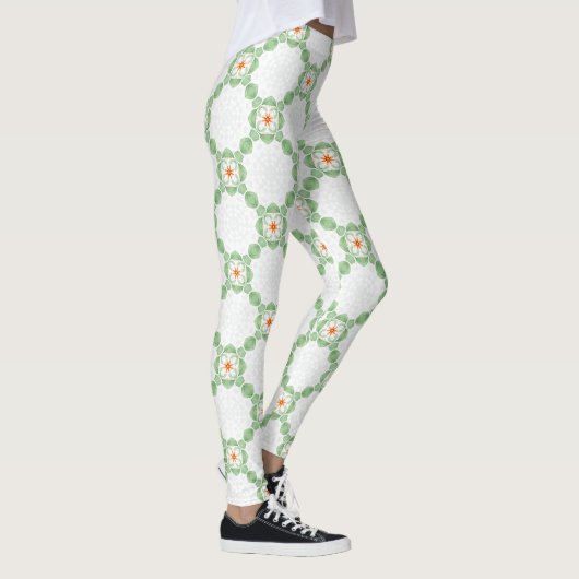 Pastel Green & Orange Floral Leaf Pattern Leggings レギンス (右)