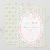 Pastel Green Vintage Fancy Floral Baptism 招待状 (正面/裏面)