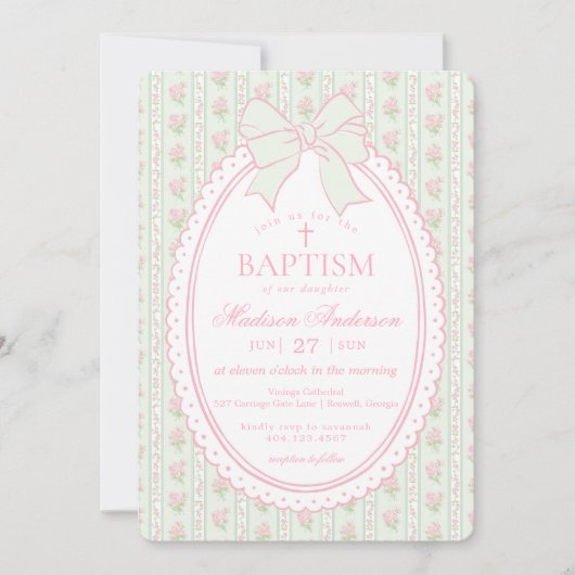 Pastel Green Vintage Fancy Floral Baptism 招待状 (正面)