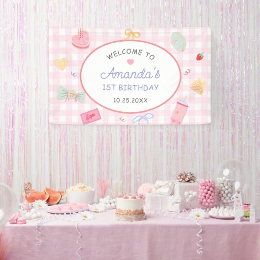 Pastel Hand Drawn Pretty Girl Birthday Party 横断幕 (パーティー)