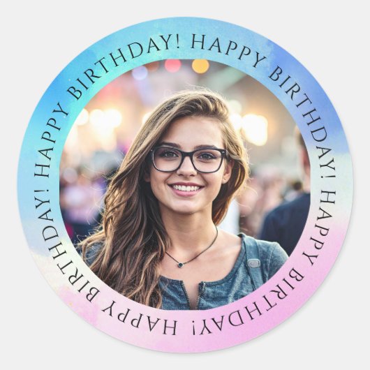 Pastel Happy Birthday Photo Envelope Seal Sticker  ラウンドシール (正面)