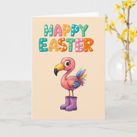 PASTEL HAPPY EASTER FLAMINGO カード (黄色い花)