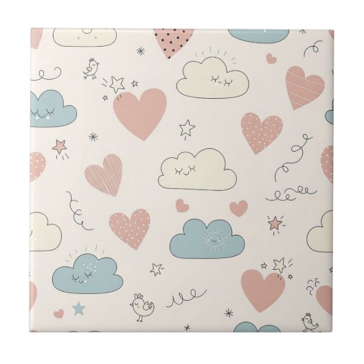 Pastel Hearts & Clouds Watercolor Dream (10) タイル (正面)