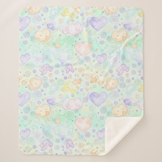 Pastel Hearts & Clouds Watercolor Dream (2) シェルパブランケット (正面)