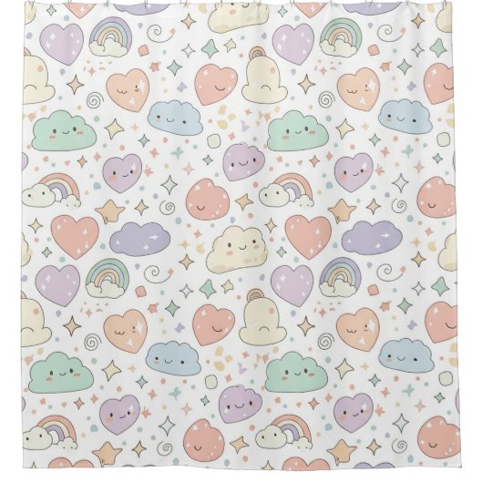 Pastel Hearts & Clouds Watercolor Dream (6) シャワーカーテン (正面)
