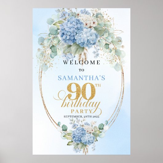 Pastel Hydrangea Eucalyptus 90th birthday welcome ポスター (正面)