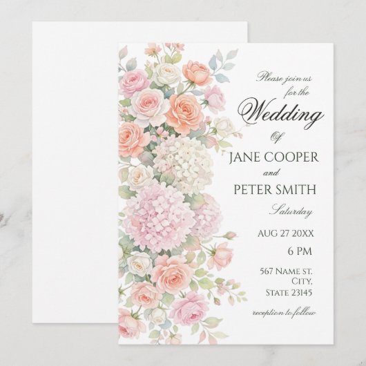 Pastel hydrangeas and roses. Budget Wedding 招待状 (正面/裏面)