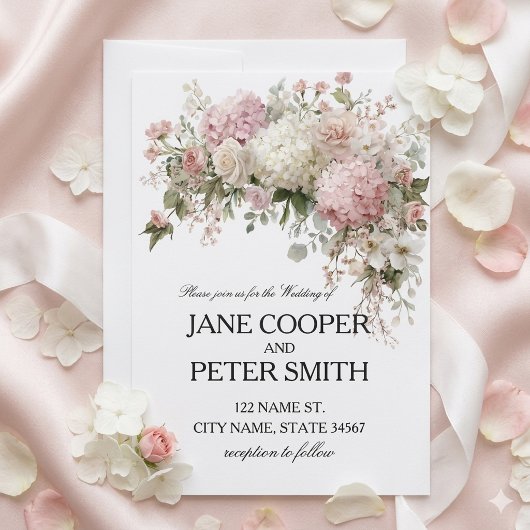 Pastel hydrangeas and roses Budget Wedding 招待状