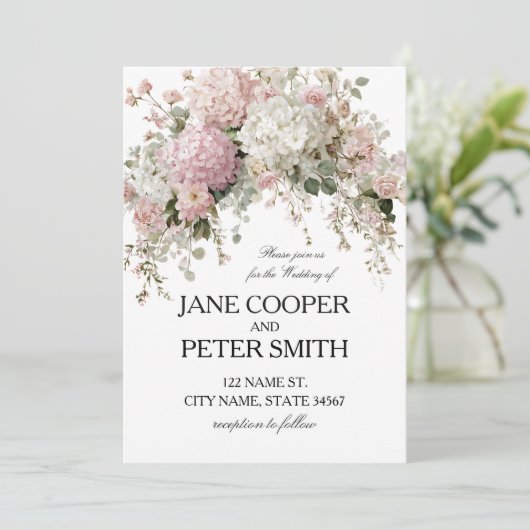 Pastel hydrangeas and roses Budget Wedding  招待状 (スタンド正面)