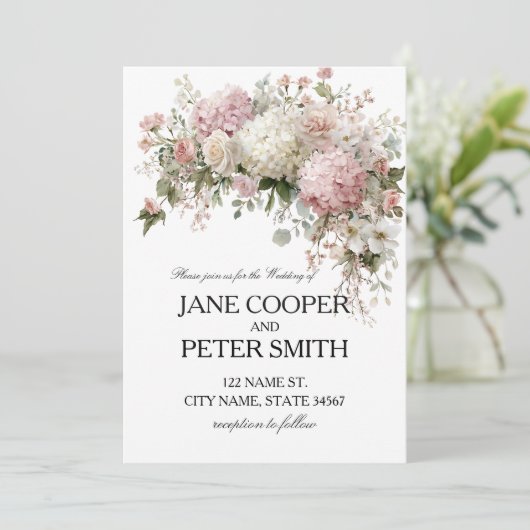 Pastel hydrangeas and roses Budget Wedding 招待状 (スタンド正面)