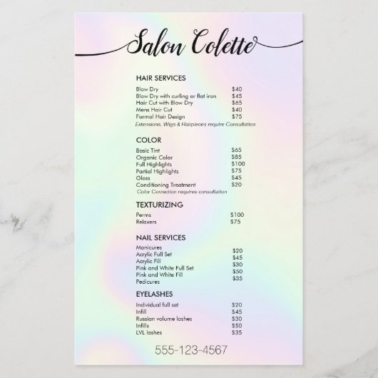 Pastel Iridescent Calligraphy Salon Service Menu チラシ (正面)