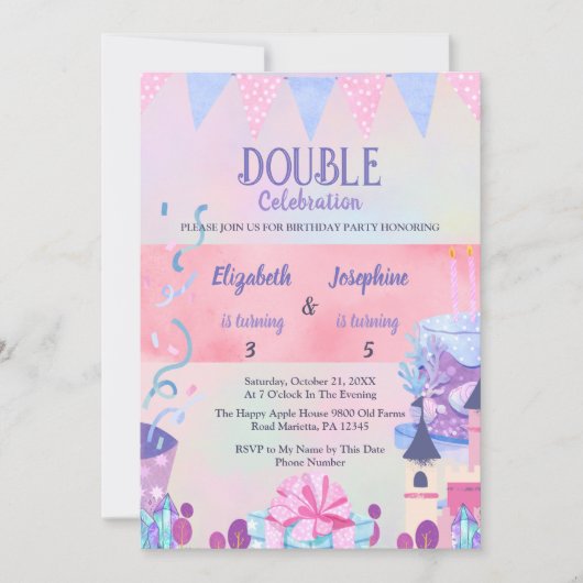 Pastel Joint Girls Double Birthday Celebration 招待状 (正面)